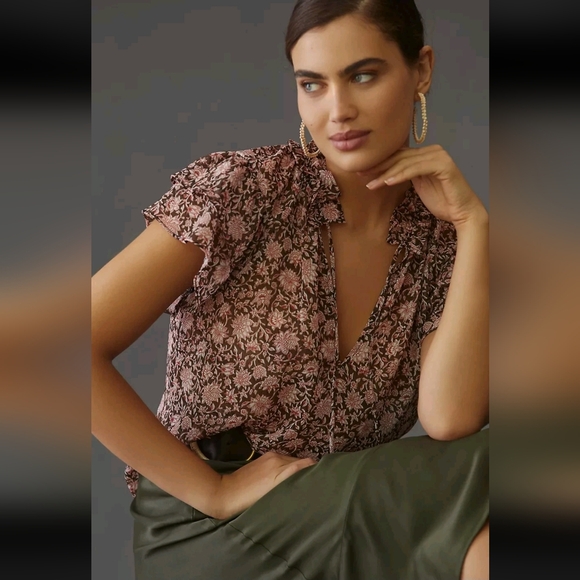 Anthropologie V-Neck Flutter-Sleeve Blouse size XL - Picture 2 of 12